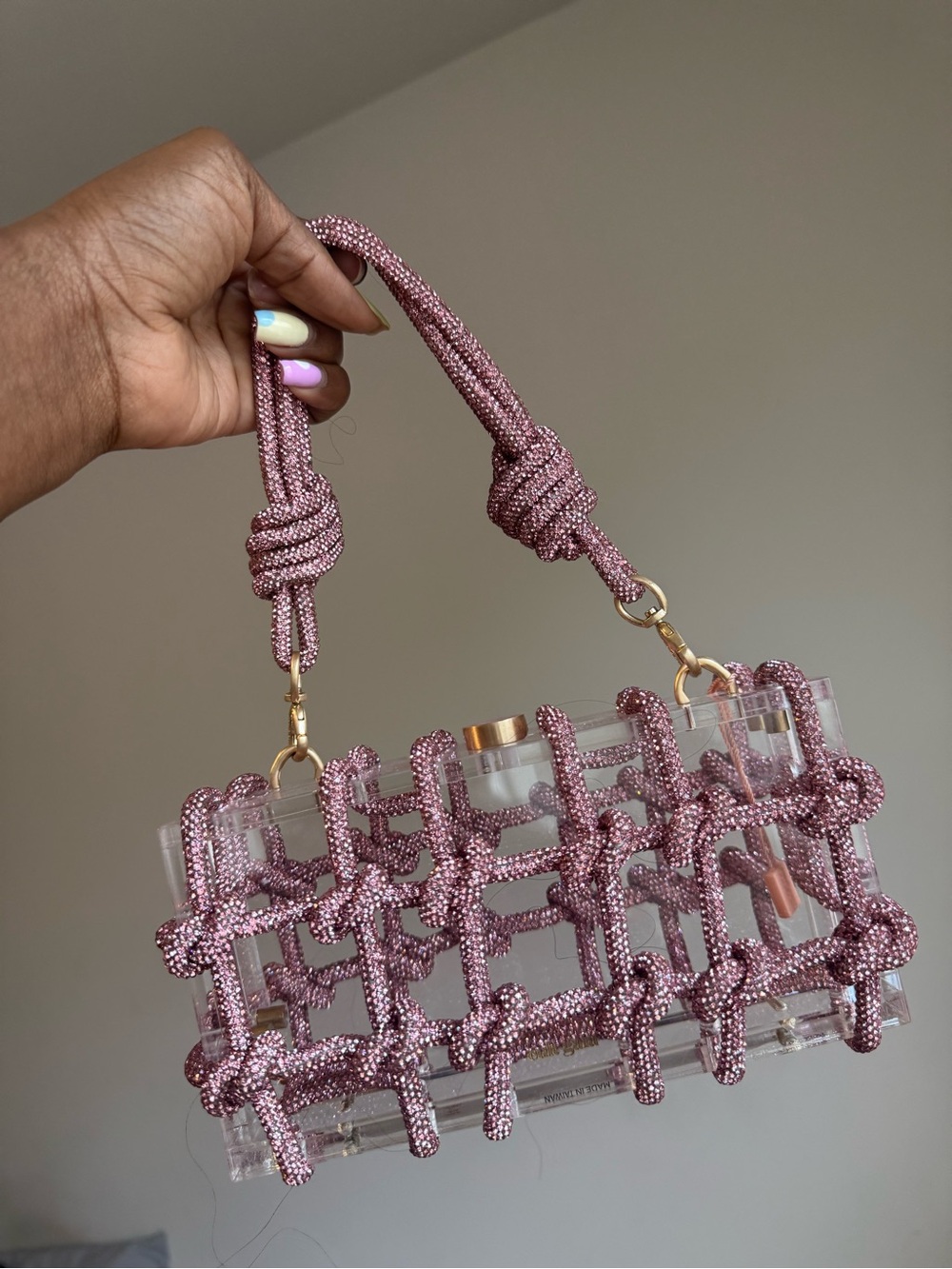 cult gaia Pink Beaded Acrylic Clutch with Knotted Strap